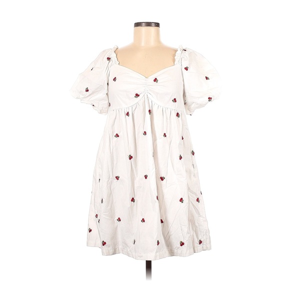 Altar'd State Cherry Embroidery White Mini Puff Sleeves Babydoll Dress - Picture 2 of 9